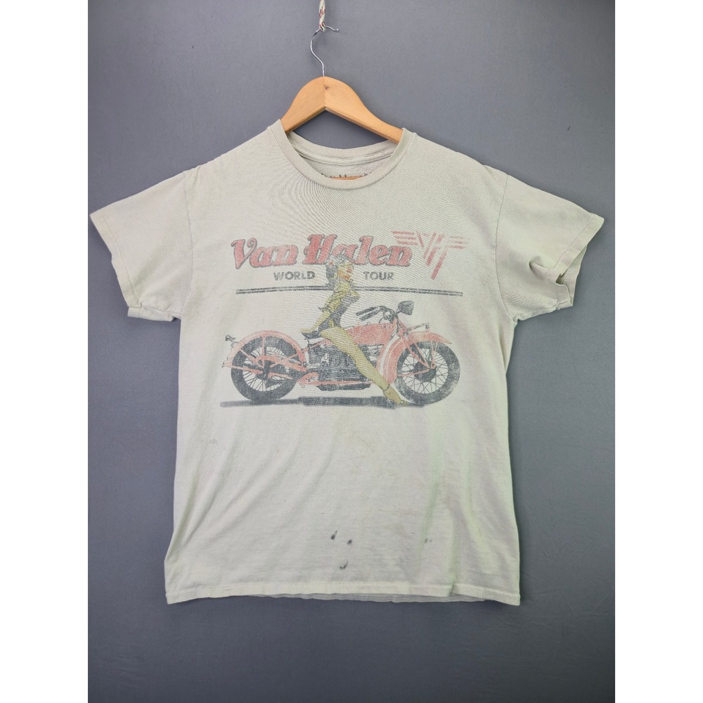 Van Halen T Shirt World Tour Motorcycle Pinup S/M Gray Short Sleeve Rock Band T